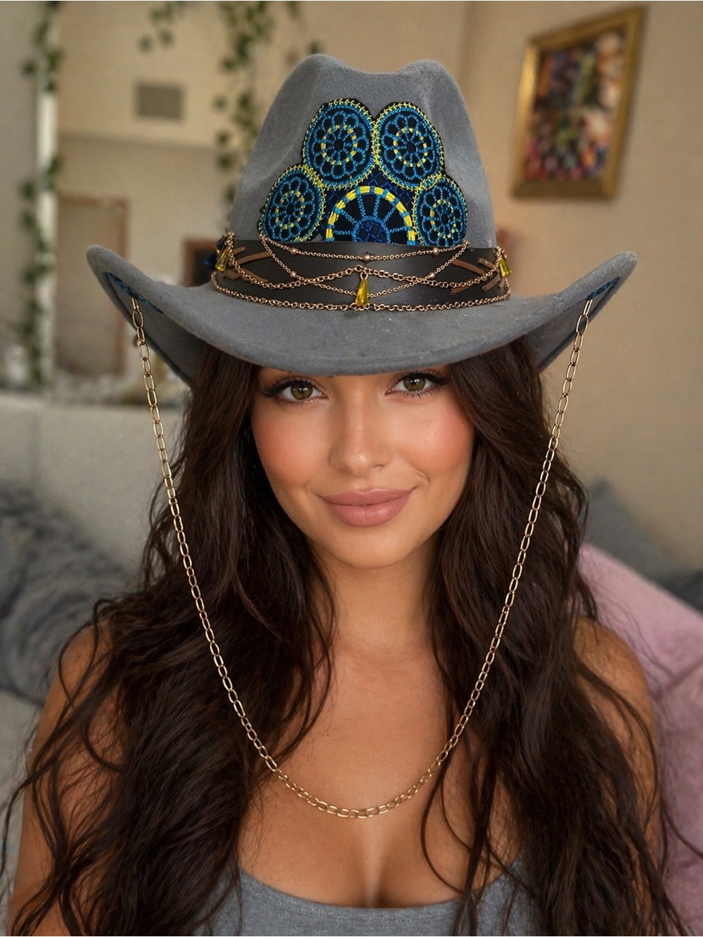 Custom Embroidered Western Cowgirl Hat – Grey Felt w/ Gold Chain, Festival/Boho